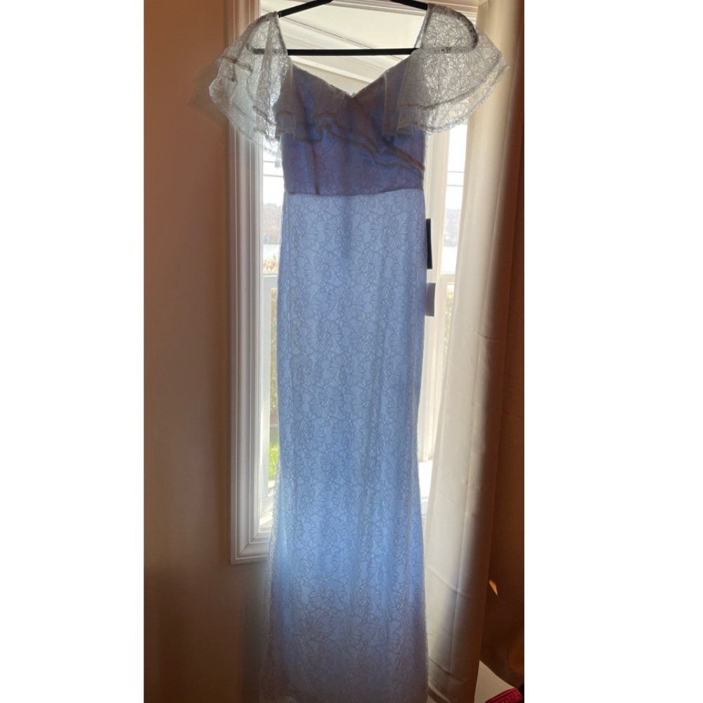 Long baby blue lace dress from Lulus